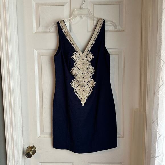 Lilly Pulitzer Junie True Navy Gold Detail Pique Shift Dress Size 2 - Picture 1 of 6